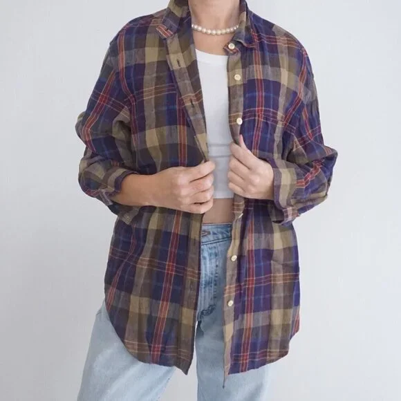 Lauren Ralph Lauren Purple Maroon Plaid Linen Blend Button Up Shirt M - Picture 2 of 12